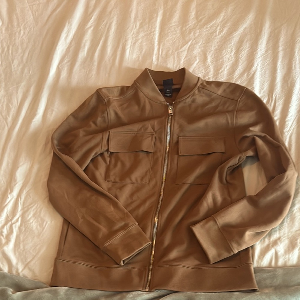H&M Tan Bomber Shirt Jacket with Ribbed Collar and Smooth Finish